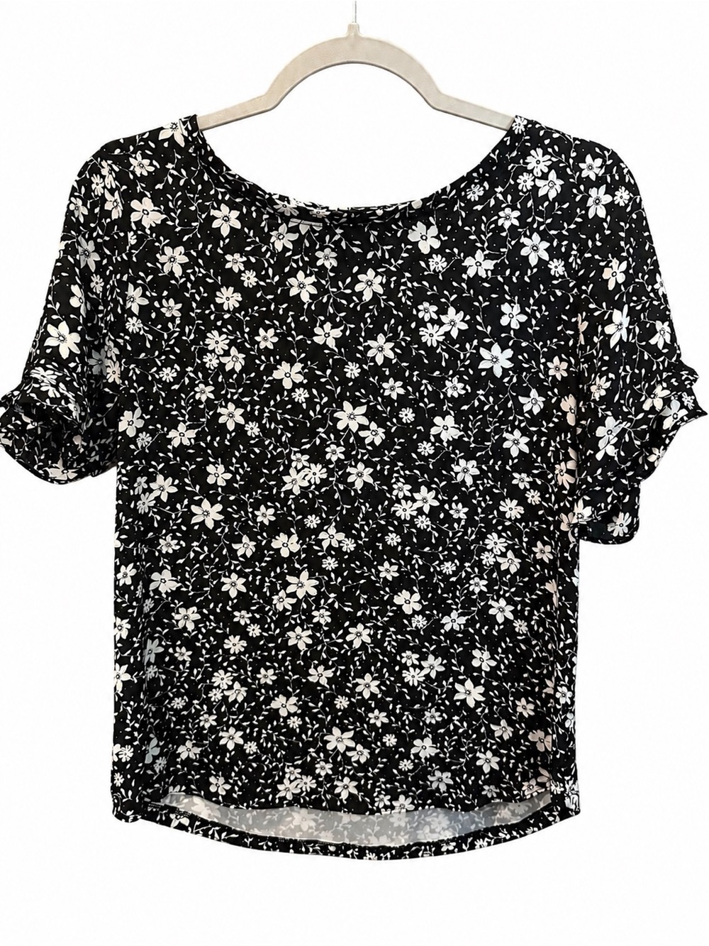 Ann Taylor Factory Black and White Floral Ruffle-Sleeve Blouse